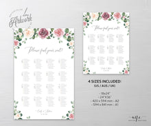 Load image into Gallery viewer, Mauve Roses Floral Seating Chart Template, Eucalyptus Greenery, Boho Wedding Bridal Sign Table Plan, 100% Editable, A1 A2, Printable 007