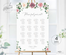 Load image into Gallery viewer, Mauve Roses Floral Seating Chart Template, Eucalyptus Greenery, Boho Wedding Bridal Sign Table Plan, 100% Editable, A1 A2, Printable 007