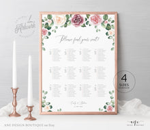 Load image into Gallery viewer, Mauve Roses Floral Seating Chart Template, Eucalyptus Greenery, Boho Wedding Bridal Sign Table Plan, 100% Editable, A1 A2, Printable 007