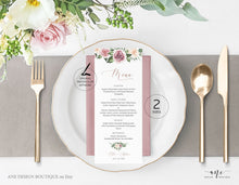 Load image into Gallery viewer, Mauve Blush Roses Wedding Menu Program Template, Boho Eucalyptus Greenery, Rustic Floral Printable Dinner Menu Bridal Shower, Editable 007