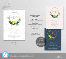 Load image into Gallery viewer, Tropical Birthday Invitation Template, Girl 1st Birthday, Summer Beach Invite, Palm Leaf, Fully Editable, Printable DIY Instant Download 002