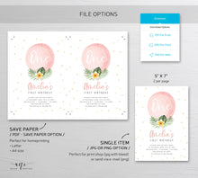 Load image into Gallery viewer, Tropical Balloon Birthday Invitation Template, Pink Gold Girl 1st Birthday, Summer Invite, Palm Leaf, Fully Editable, Printable Download 002