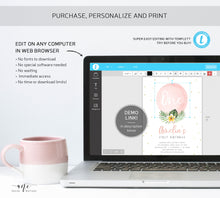 Load image into Gallery viewer, Tropical Balloon Birthday Invitation Template, Pink Gold Girl 1st Birthday, Summer Invite, Palm Leaf, Fully Editable, Printable Download 002