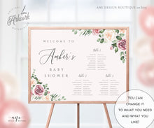 Load image into Gallery viewer, Mauve Roses Horizontal Seating Chart Template, Eucalyptus, Floral Boho Wedding, Shower Table Plan Sign , 100% Editable, A1 A2, Printable 007