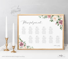 Load image into Gallery viewer, Mauve Roses Horizontal Seating Chart Template, Eucalyptus, Floral Boho Wedding, Shower Table Plan Sign , 100% Editable, A1 A2, Printable 007