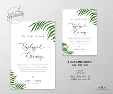 Load image into Gallery viewer, Tropical Unplugged Ceremony Wedding Sign Template, Palm Leaf No Phone Camera Printable Welcome Sign, Fully Editable DIY Instant Download 002