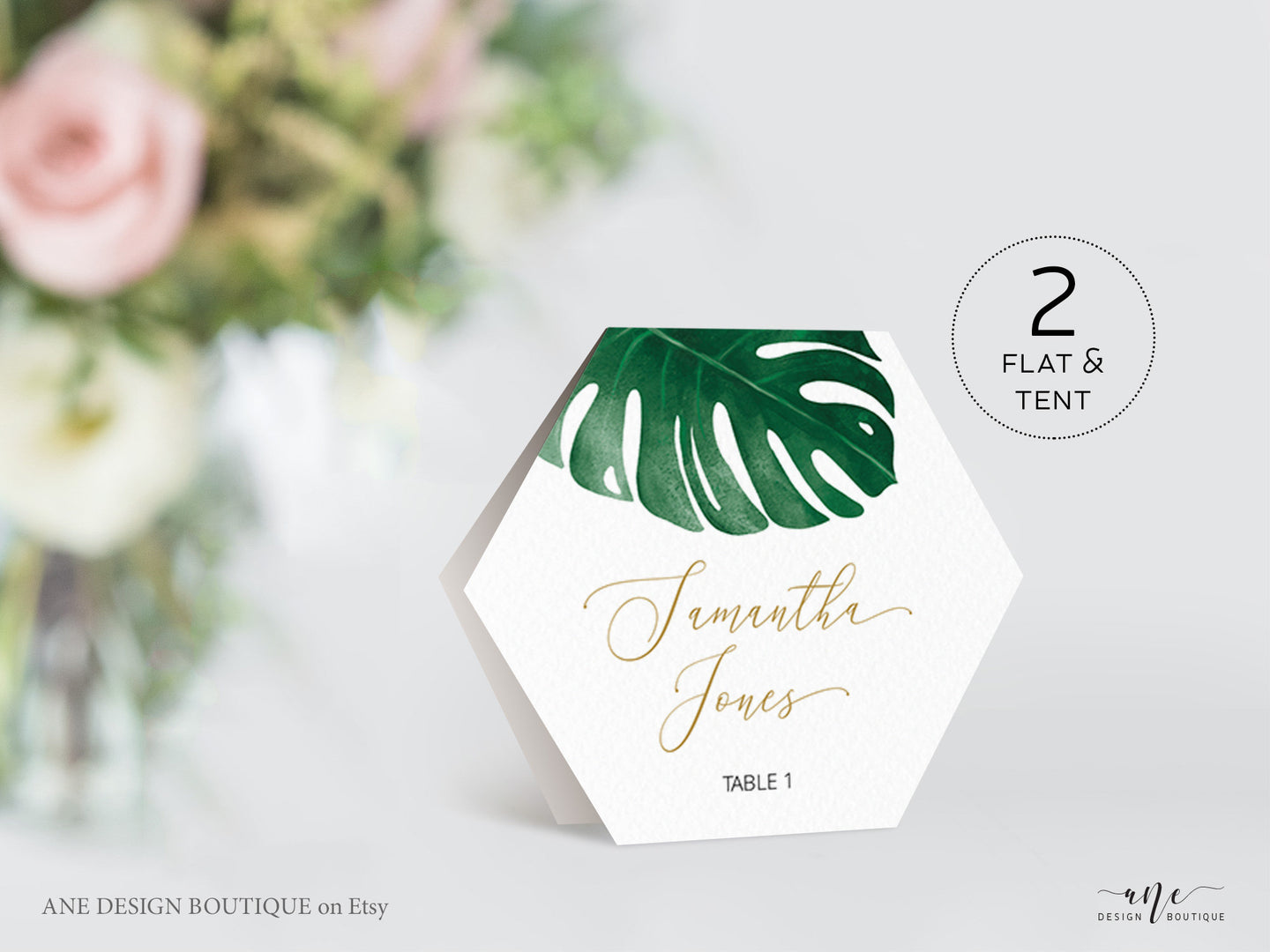 Monstera Hexagon Place Card Template, Beach Tropical Wedding Bridal Modern Escort Card, Custom Editable Name Cards, Printable, Download, 003