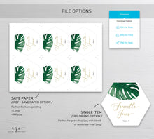 Load image into Gallery viewer, Monstera Hexagon Place Card Template, Beach Tropical Wedding Bridal Modern Escort Card, Custom Editable Name Cards, Printable, Download, 003