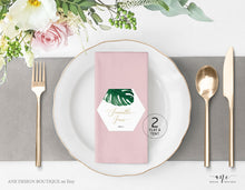 Load image into Gallery viewer, Monstera Hexagon Place Card Template, Beach Tropical Wedding Bridal Modern Escort Card, Custom Editable Name Cards, Printable, Download, 003