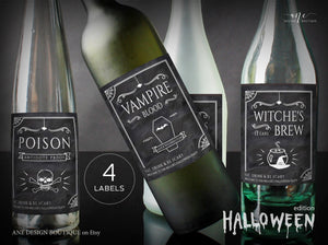 4 Halloween Wine Bottle Label Templates, Party Decor, Poison, Witches Brew, Vampire Blood, Zombie Eyes, 100% Editable Printable Download 013