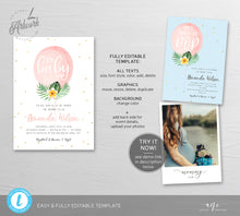 Load image into Gallery viewer, Oh Baby Pink Balloon Baby Shower Invitation Template, Tropical Palm Leaf Summer Beach Bridal Invite, Fully Editable, Printable, Download 002