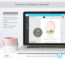 Load image into Gallery viewer, Oh Baby Pink Balloon Baby Shower Invitation Template, Tropical Palm Leaf Summer Beach Bridal Invite, Fully Editable, Printable, Download 002
