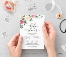 Load image into Gallery viewer, Mauve Roses Baby Shower Invitation Template, Eucalyptus Greenery Boho Bridal Invite, Gender Neutral, Fully Editable, Printable, Download 007