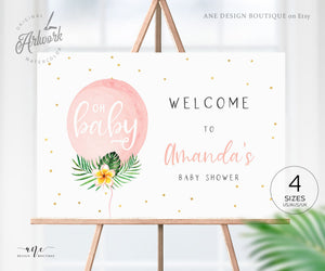 Balloon Baby Shower Welcome Sign Template, Beach Tropical Palm Leaf Baby / Bridal Shower Sign Poster, Fully Editable, Printable Download 002