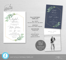 Load image into Gallery viewer, Geometric Greenery Bridal Shower Invitation Template, Boho Wedding Couple Shower, Original Artwork, Fully Editable, Printable, Download 001