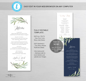 Greenery Wedding Menu Program Template, Watercolor Willow Eucalyptus Printable Dinner Menu Card, Bridal Shower, Fully Editable Download 008