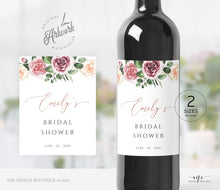 Load image into Gallery viewer, Floral Wine Label Template, Mauve Roses Wedding Bachelorette Bridal Baby Shower Favor Sticker, Bottle Tag, Fully Editable Printable DIY 007