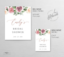 Load image into Gallery viewer, Floral Wine Label Template, Mauve Roses Wedding Bachelorette Bridal Baby Shower Favor Sticker, Bottle Tag, Fully Editable Printable DIY 007