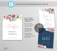 Load image into Gallery viewer, Floral Wine Label Template, Mauve Roses Wedding Bachelorette Bridal Baby Shower Favor Sticker, Bottle Tag, Fully Editable Printable DIY 007