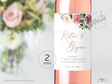 Load image into Gallery viewer, Boho Wedding Wine Label Template, Mauve Roses, Bridal / Baby Bottle Tag, Couple Shower Favor Sticker, Fully Editable, Printable Download 007