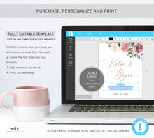 Load image into Gallery viewer, Boho Wedding Wine Label Template, Mauve Roses, Bridal / Baby Bottle Tag, Couple Shower Favor Sticker, Fully Editable, Printable Download 007