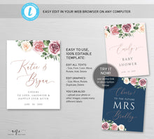 Load image into Gallery viewer, Boho Wedding Wine Label Template, Mauve Roses, Bridal / Baby Bottle Tag, Couple Shower Favor Sticker, Fully Editable, Printable Download 007