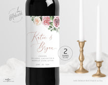 Load image into Gallery viewer, Boho Wedding Wine Label Template, Mauve Roses, Bridal / Baby Bottle Tag, Couple Shower Favor Sticker, Fully Editable, Printable Download 007