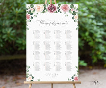 Load image into Gallery viewer, Mauve Roses Floral Seating Chart Template, Eucalyptus Greenery, Boho Wedding Bridal Sign Table Plan, 100% Editable, A1 A2, Printable 007
