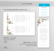 Load image into Gallery viewer, Mauve Roses Welcome Letter Itinerary Template, Floral Wedding Order of Events, Custom Welcome Bag Note, 100% Editable Printable Download 007