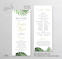 Load image into Gallery viewer, Tropical Wedding Program Template, Printable Order of Service, Beach Wedding, Palm Leaf Monstera Original Artwork,100% Editable Download 002