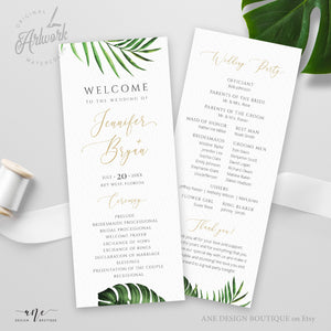 Tropical Wedding Program Template, Printable Order of Service, Beach Wedding, Palm Leaf Monstera Original Artwork,100% Editable Download 002