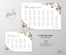 Load image into Gallery viewer, Mauve Roses Horizontal Seating Chart Template, Eucalyptus, Floral Boho Wedding, Shower Table Plan Sign , 100% Editable, A1 A2, Printable 007
