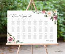 Load image into Gallery viewer, Mauve Roses Horizontal Seating Chart Template, Eucalyptus, Floral Boho Wedding, Shower Table Plan Sign , 100% Editable, A1 A2, Printable 007
