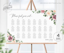 Load image into Gallery viewer, Mauve Roses Horizontal Seating Chart Template, Eucalyptus, Floral Boho Wedding, Shower Table Plan Sign , 100% Editable, A1 A2, Printable 007