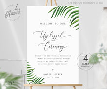 Load image into Gallery viewer, Tropical Unplugged Ceremony Wedding Sign Template, Palm Leaf No Phone Camera Printable Welcome Sign, Fully Editable DIY Instant Download 002