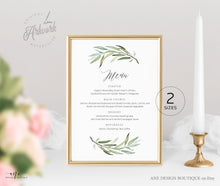 Load image into Gallery viewer, Greenery Wedding Menu Program Template, Watercolor Willow Eucalyptus Printable Dinner Menu Card, Bridal Shower, Fully Editable Download 008