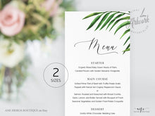 Load image into Gallery viewer, Tropical Wedding Menu Printable Template, Beach Dinner Menu Card for Bridal Baby Shower, Palm Monstera Leaves, 100% Editable, DIY, Download 002