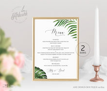 Load image into Gallery viewer, Tropical Wedding Menu Printable Template, Beach Dinner Menu Card for Bridal Baby Shower, Palm Monstera Leaves, 100% Editable, DIY, Download 002