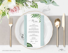 Load image into Gallery viewer, Tropical Wedding Menu Printable Template, Beach Dinner Menu Card for Bridal Baby Shower, Palm Monstera Leaves, 100% Editable, DIY, Download 002