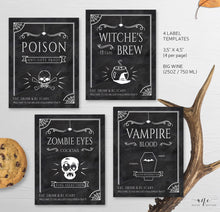 Load image into Gallery viewer, 4 Halloween Wine Bottle Label Templates, Party Decor, Poison, Witches Brew, Vampire Blood, Zombie Eyes, 100% Editable Printable Download 013