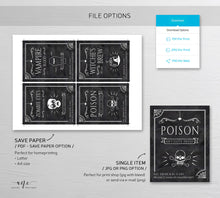 Load image into Gallery viewer, 4 Halloween Wine Bottle Label Templates, Party Decor, Poison, Witches Brew, Vampire Blood, Zombie Eyes, 100% Editable Printable Download 013