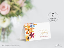 Load image into Gallery viewer, Fall Floral Thanksgiving Place Card Template, Printable Rustic Wedding Escort Card, Autumn Flowers Name Tag, Fully Editable Download DIY 010