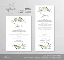 Load image into Gallery viewer, Greenery Wedding Menu Program Template, Watercolor Willow Eucalyptus Printable Dinner Menu Card, Bridal Shower, Fully Editable Download 008