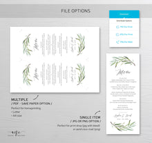 Load image into Gallery viewer, Greenery Wedding Menu Program Template, Watercolor Willow Eucalyptus Printable Dinner Menu Card, Bridal Shower, Fully Editable Download 008