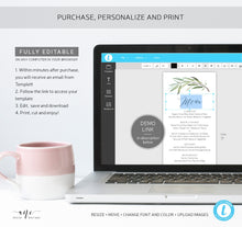 Load image into Gallery viewer, Greenery Wedding Menu Program Template, Watercolor Willow Eucalyptus Printable Dinner Menu Card, Bridal Shower, Fully Editable Download 008