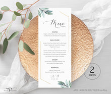 Load image into Gallery viewer, Gold Geometric Wedding Menu Program Template, Boho Eucalyptus Greenery, Printable Dinner Menu Bridal, Original Artwork, 100% Editable, 004
