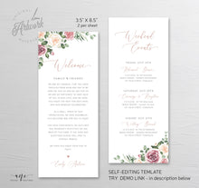 Load image into Gallery viewer, Mauve Roses Welcome Letter Itinerary Template, Floral Wedding Order of Events, Custom Welcome Bag Note, 100% Editable Printable Download 007