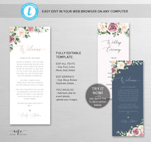 Load image into Gallery viewer, Mauve Roses Welcome Letter Itinerary Template, Floral Wedding Order of Events, Custom Welcome Bag Note, 100% Editable Printable Download 007