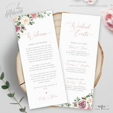 Load image into Gallery viewer, Mauve Roses Welcome Letter Itinerary Template, Floral Wedding Order of Events, Custom Welcome Bag Note, 100% Editable Printable Download 007