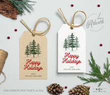 Load image into Gallery viewer, Pine Tree Woods Gift Tag Template, Holiday Printable Tag, Original Watercolor, Happy Holidays Gift Label, Fully Editable, Instant Download